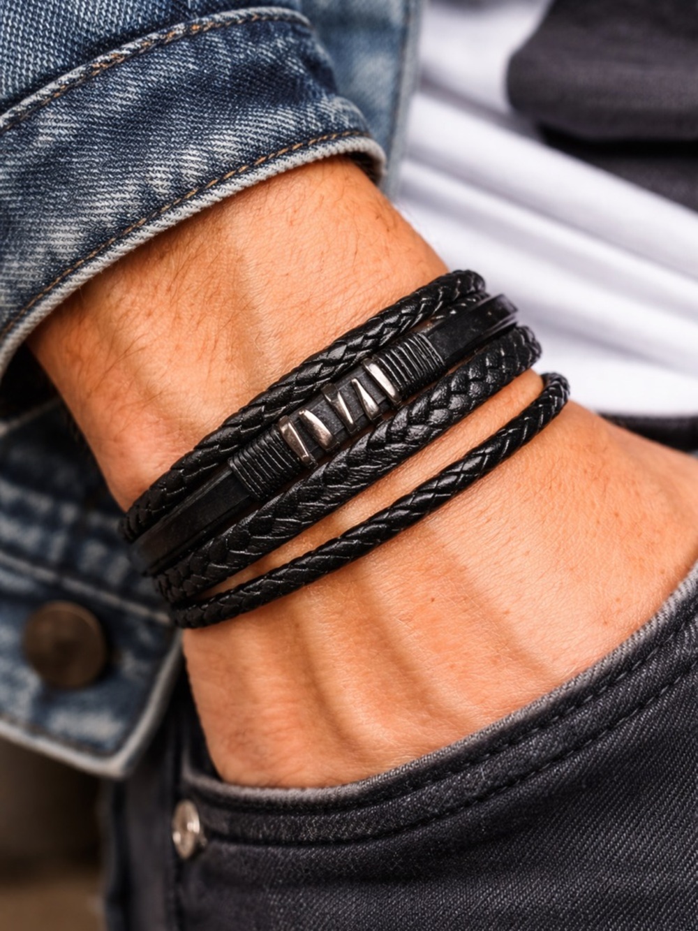 Black Leather Multi-Strand Bracelet Magnetic Clasp Henna Style Boho Unisex